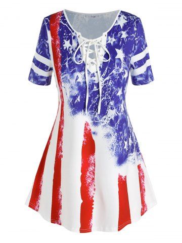 Plus Size American Flag Star Lace-up Short Sleeve T-shirt