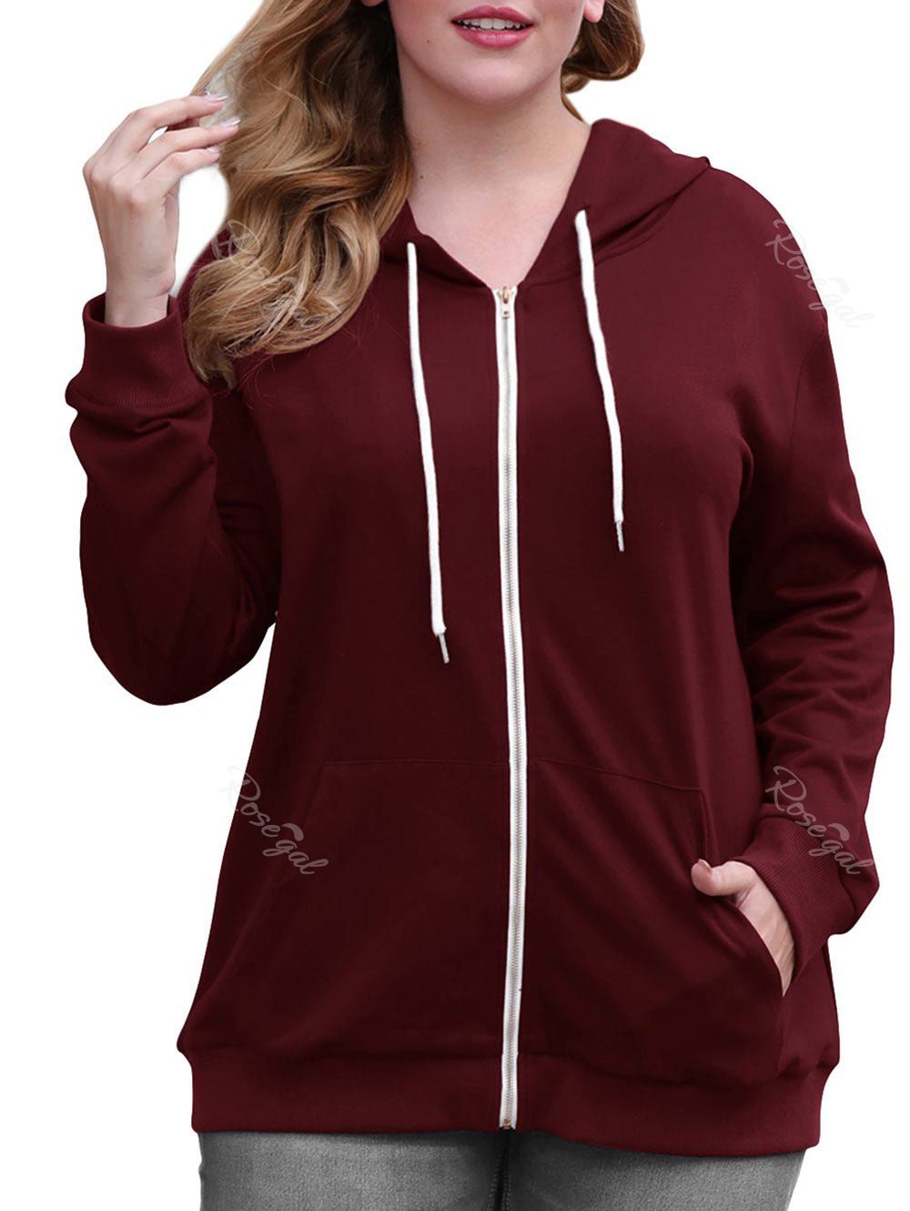 

Drawstring Zip Up Pockets Plus Size Hoodie, Deep red