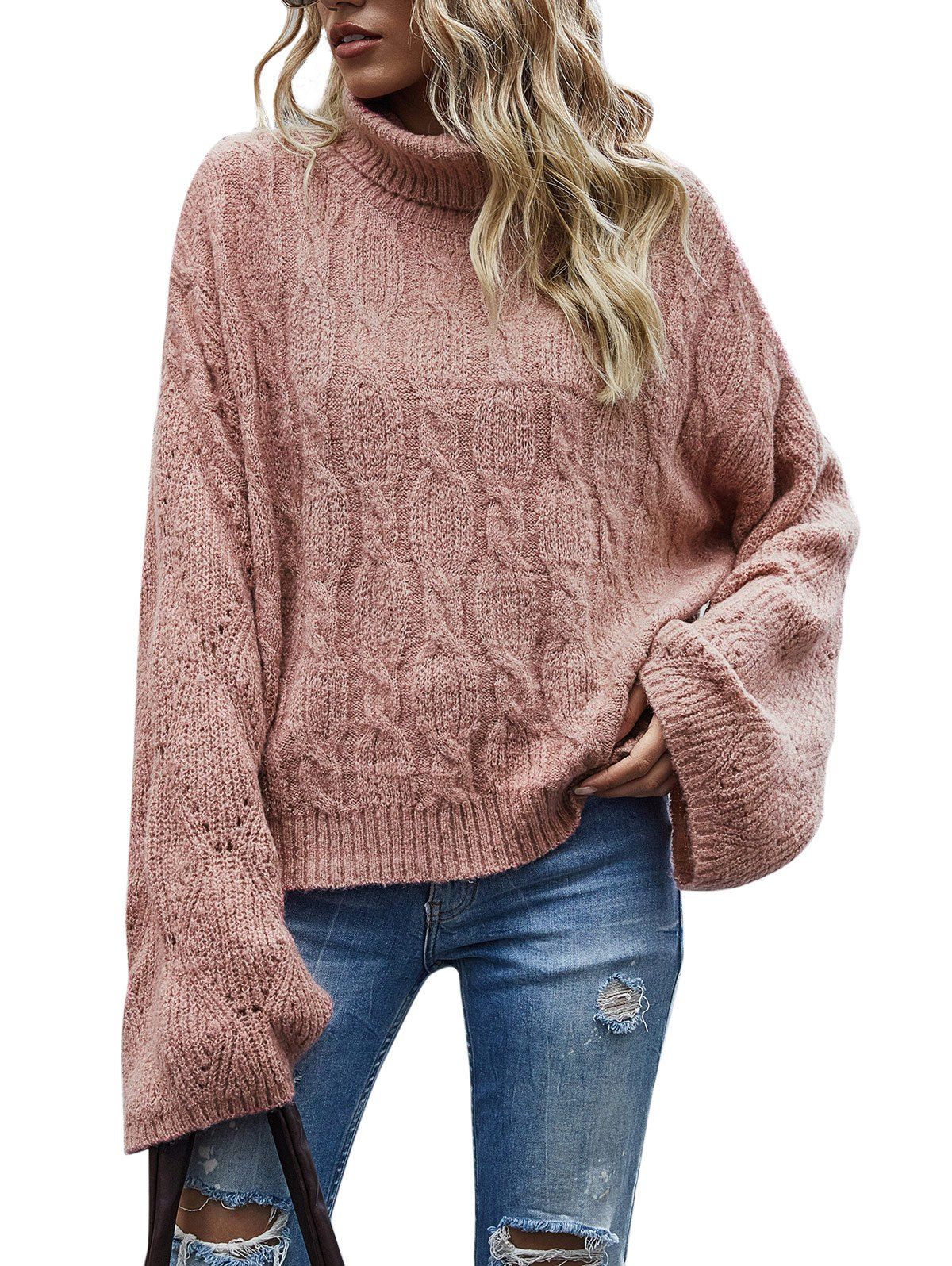 

Cable Knit Pointelle Knit Roll Neck Sweater, Light pink
