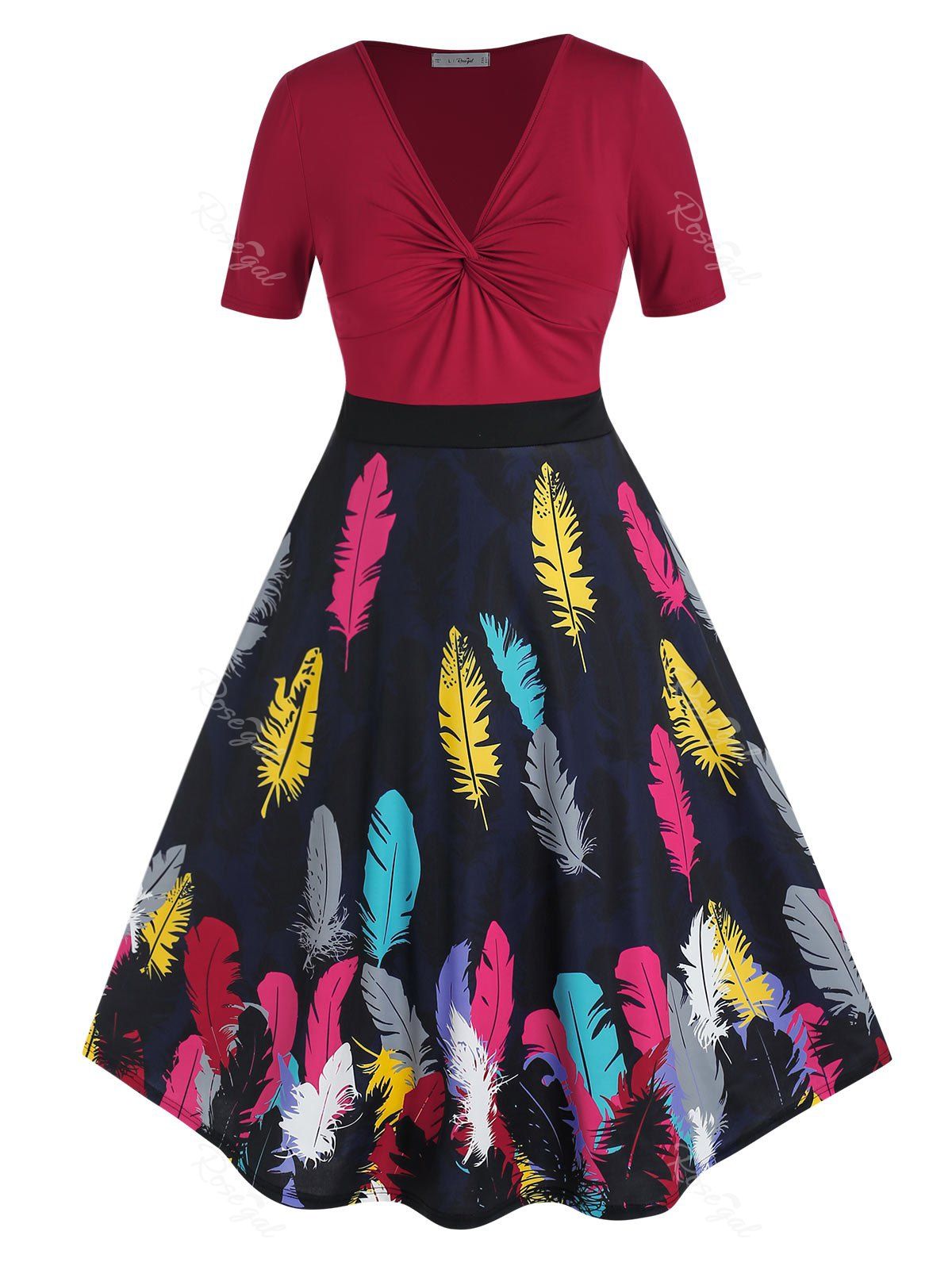Best Plus Size Feather Print Twisted High Rise Midi 1950s Dress  