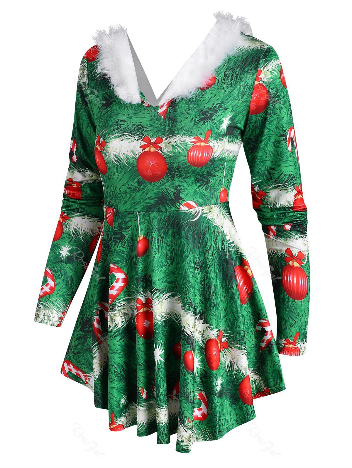 

Christmas Tree Ball Print Faux Fur Panel T Shirt, Green