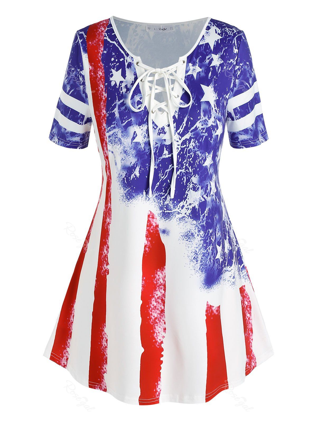 Best Plus Size American Flag Star Lace-up Short Sleeve T-shirt  