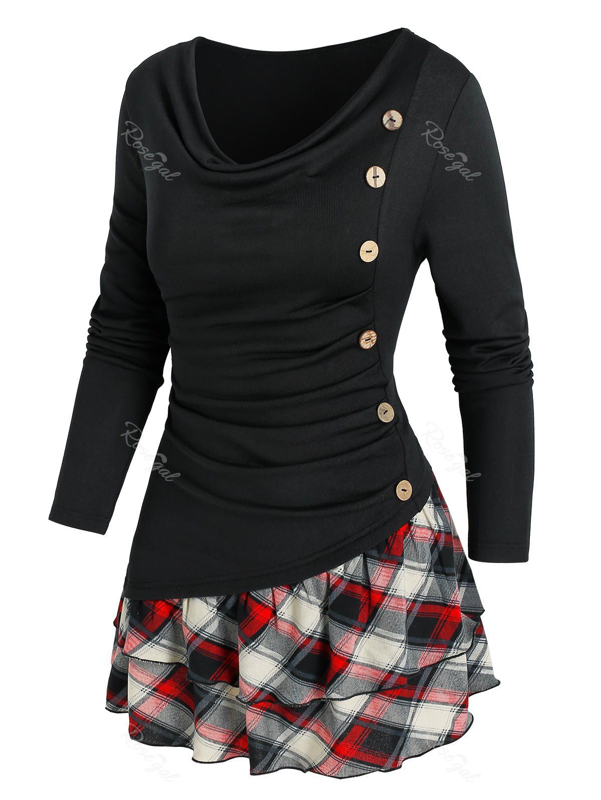 Outfit Plaid Print Mock Button Ruched Layered T-shirt  