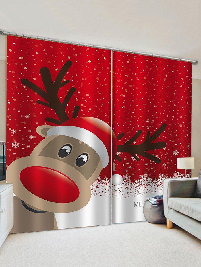 

2 Panels Christmas Elk Cartoon Print Window Curtains, Multi