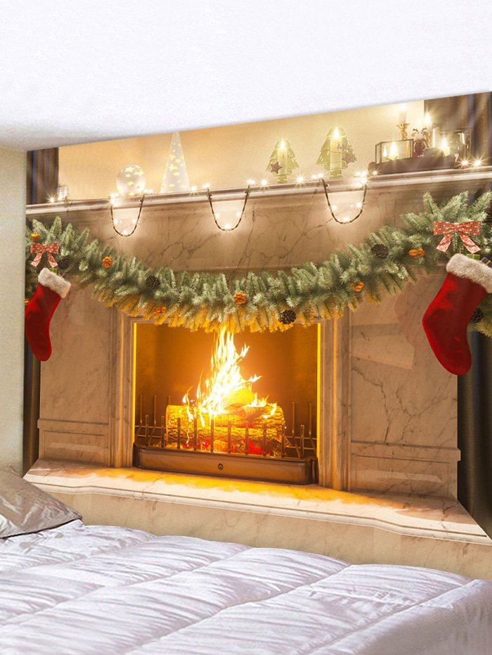 

Christmas Fireplace Print Waterproof Tapestry Wall Hanging Art Decoration, Multi