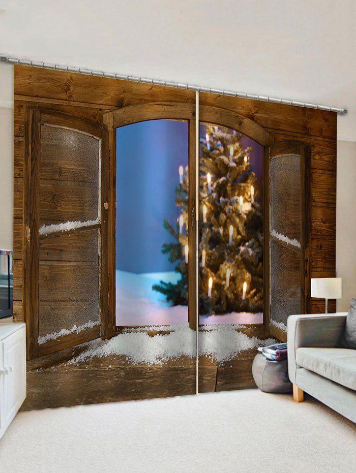 Unique 2 Panels 3D Window Christmas Tree Print Window Curtains  