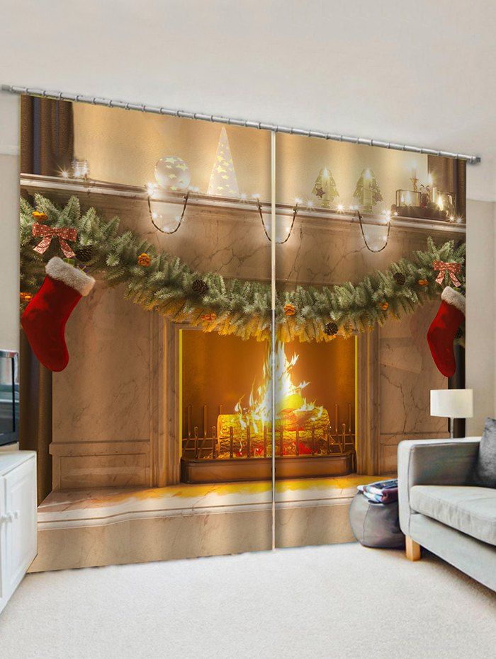 Shops 2 Panels Christmas Stocking Fireplace Print Window Curtains  