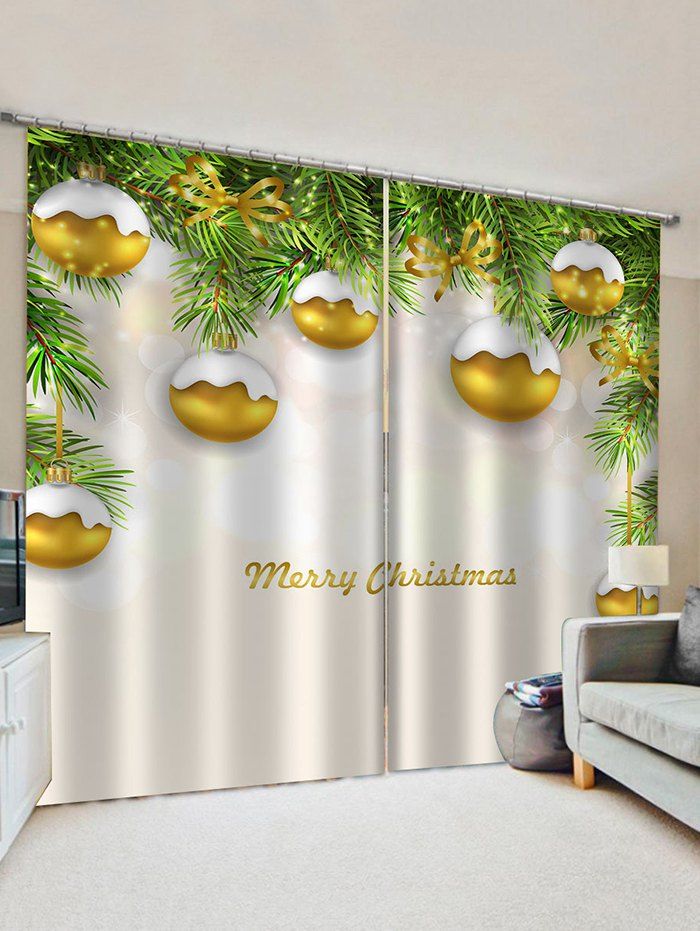 Online 2 Panels Tree Branch Christmas Balls Print Window Curtains  