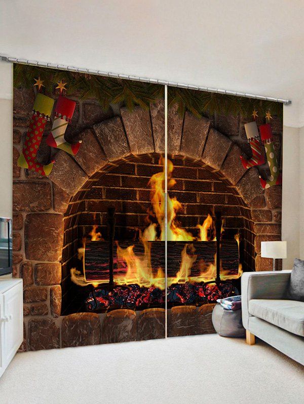 Shop 2 Panels Christmas Fireplace Stockings Print Curtains  