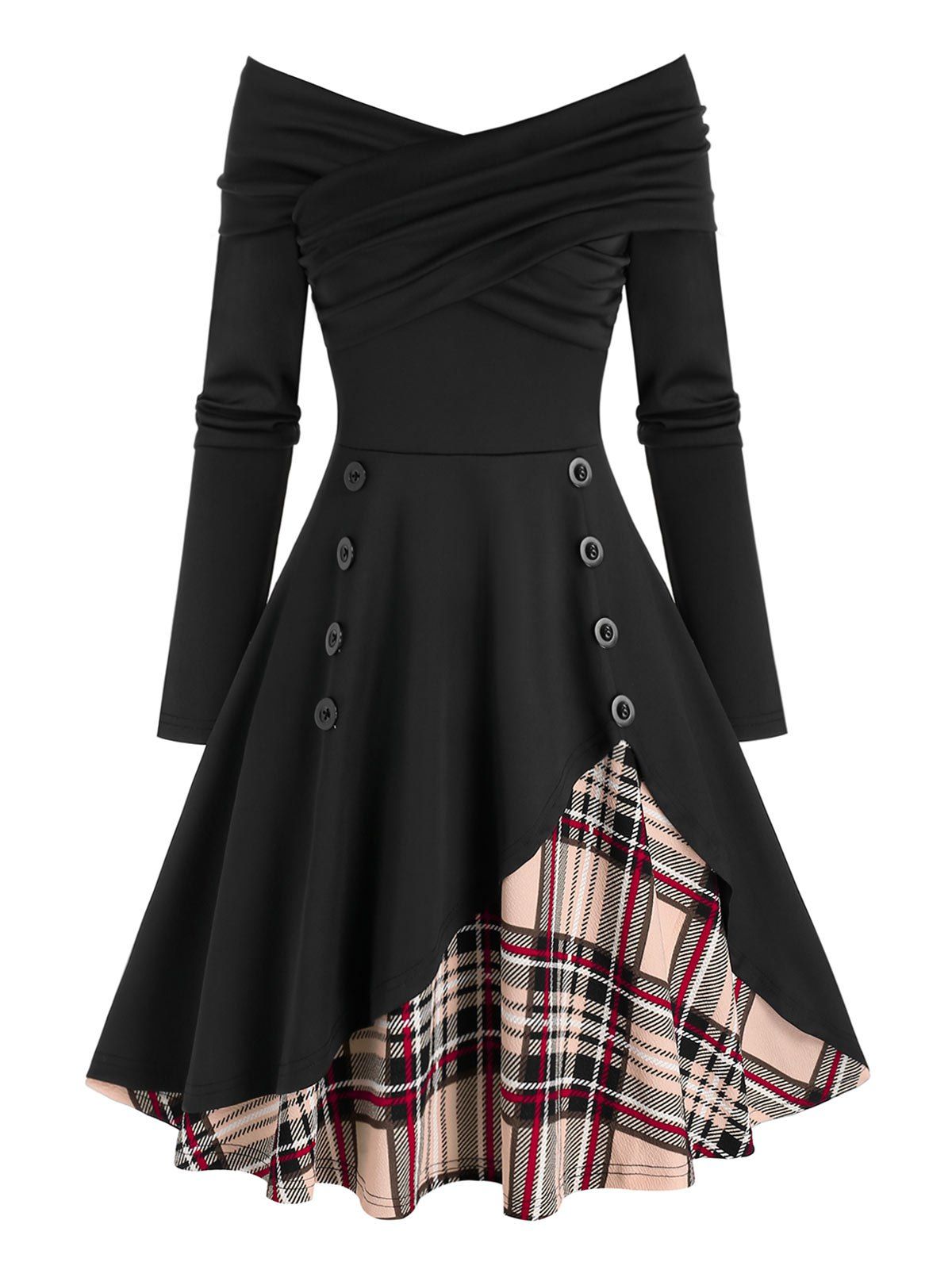 

Ruched Off The Shoulder Plaid Panel Dress, Black