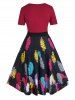 Plus Size Feather Print Twisted High Rise Midi 1950s Dress -  