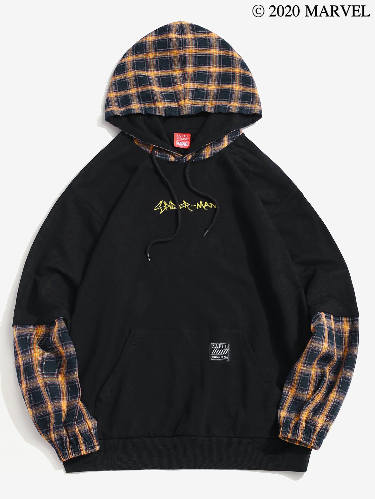 

Marvel Spider-Man Embroidered Plaid Print Hoodie, Black