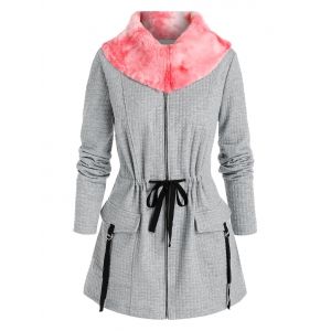 

Plus Size Drawstring Zip Faux Fur Collar Pocket Coat, Ash gray