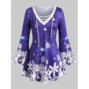 

Lace Up Galaxy Snowflake Christmas Plus Size Top, Blue