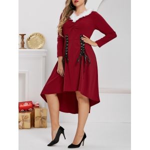 

Plus Size Grommet Lace-up High Low Faux Fur Panel Dress, Red wine