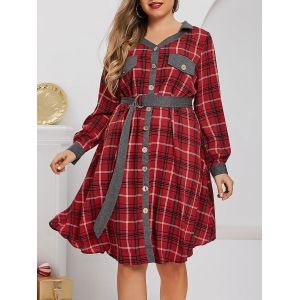 

Plus Size Plaid Button Front Roll Tab Sleeve Belted Dress, Lava red