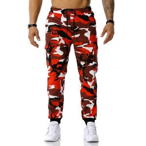 

Drawstring Camouflage Print Cargo Pants, Red