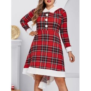 

Plus Size Plaid Hooded A Line Faux Fur Panel Knit Dress, Lava red