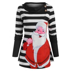 

Christmas Santa Claus Striped Button Embellished T Shirt, Multi