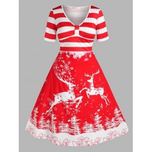 

Plus Size Christmas Elk Striped Snowflake Midi Dress, Red