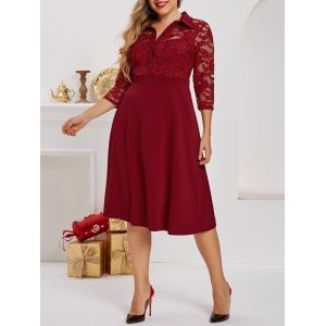 Plus Size Lace Panel Half Button Midi Dress, Red wine