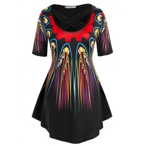 

Plus Size Abstract Pattern Criss Cross Long Tunic Tee, Multi