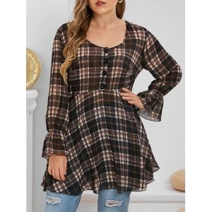 

Plus Size Plaid Poet Sleeve Semi Sheer Blouse, Black