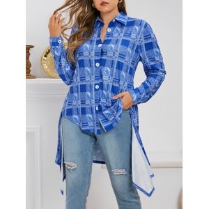 

Plus Size Plaid Irregular Long Top, Ocean blue