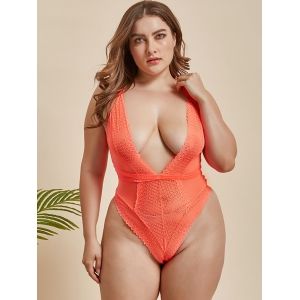 

Plus Size Lace and Mesh Snap Crotch Teddy, Light orange