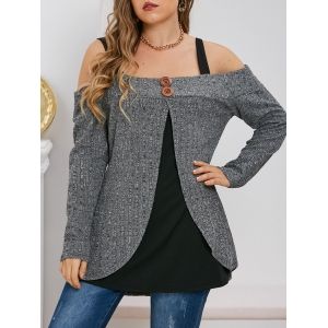 

Ribbed Heathered Buttons Cold Shoulder Plus Size Top, Cloudy gray