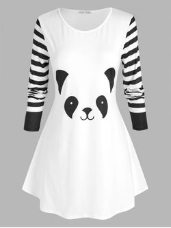 Plus Size Panda Pattern Striped Sleeve T Shirt - WHITE - L