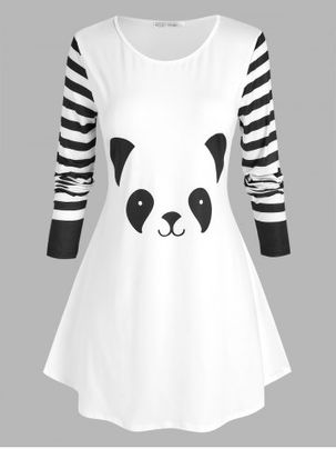 T-shirt Motif de Panda de Grande Taille à Manches Rayées