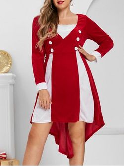 Plus Size Velvet Christmas High Low Two Tone Dress - RED - L