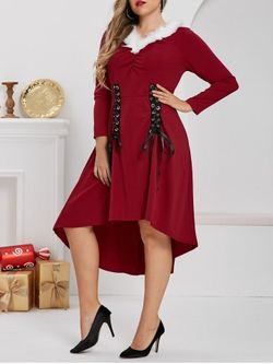 Plus Size Grommet Lace-up High Low Faux Fur Panel Dress - RED WINE - 4X