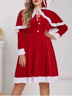 Más el tamaño de terciopelo de Navidad la línea vestido con capucha Cabo Conjunto - RED - 1X