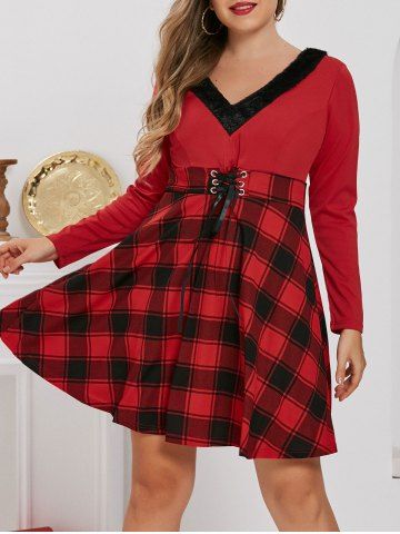 Plaid de tablero de llaves de tela escocesa de talla grande Un vestido de línea - RED - L
