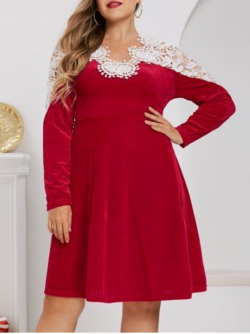 Plus Size Velvet Christmas Applique Panel A Line Dress - RED - L