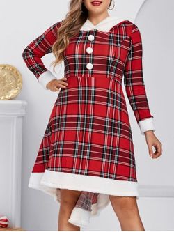 Plus Size Plaid Hooded A Line Faux Fur Panel Knit Dress - LAVA RED - 1X