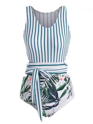 Stripes Plant Print Tie Back One-piece Swimsuit