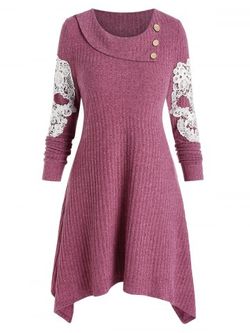 Embroidery Skull Buttons Sweater Dress - LIPSTICK PINK - L