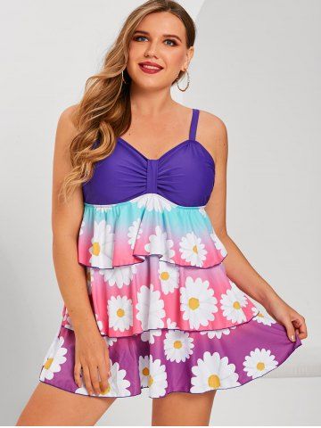 

Plus Size Ombre Color Floral Print Layered Tankini Swimwear, Purple