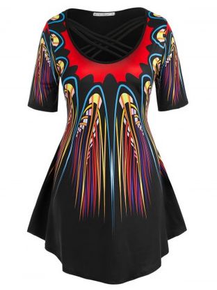 Plus Size Abstract Pattern Criss Cross Long Tunic Tee