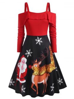 Plus Size Ruffle Cold Shoulder Christmas Printed Dress - RED - 4X