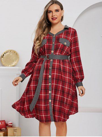 Plus Size Plaid Button Front Roll Tab Sleeve Belted Dress
