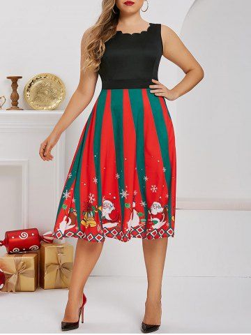 Plus Size Christmas Colorblock  Scalloped Neck Dress - BLACK - L