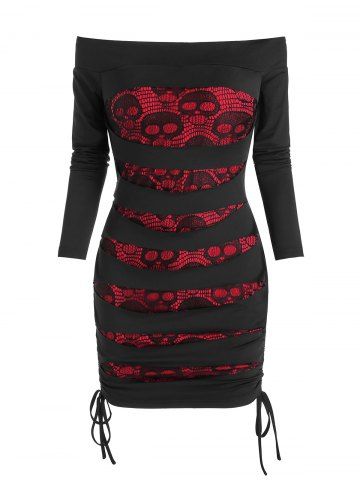 Off The Shoulder Skull Lace Insert Ripped Bodycon Dress - BLACK - XL