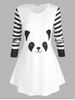 Plus Size Panda Pattern Striped Sleeve T Shirt -  