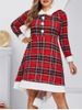 Plus Size Plaid Hooded A Line Faux Fur Panel Knit Dress -  