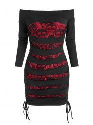 Off The Shoulder Skull Lace Insert Ripped Bodycon Dress -  