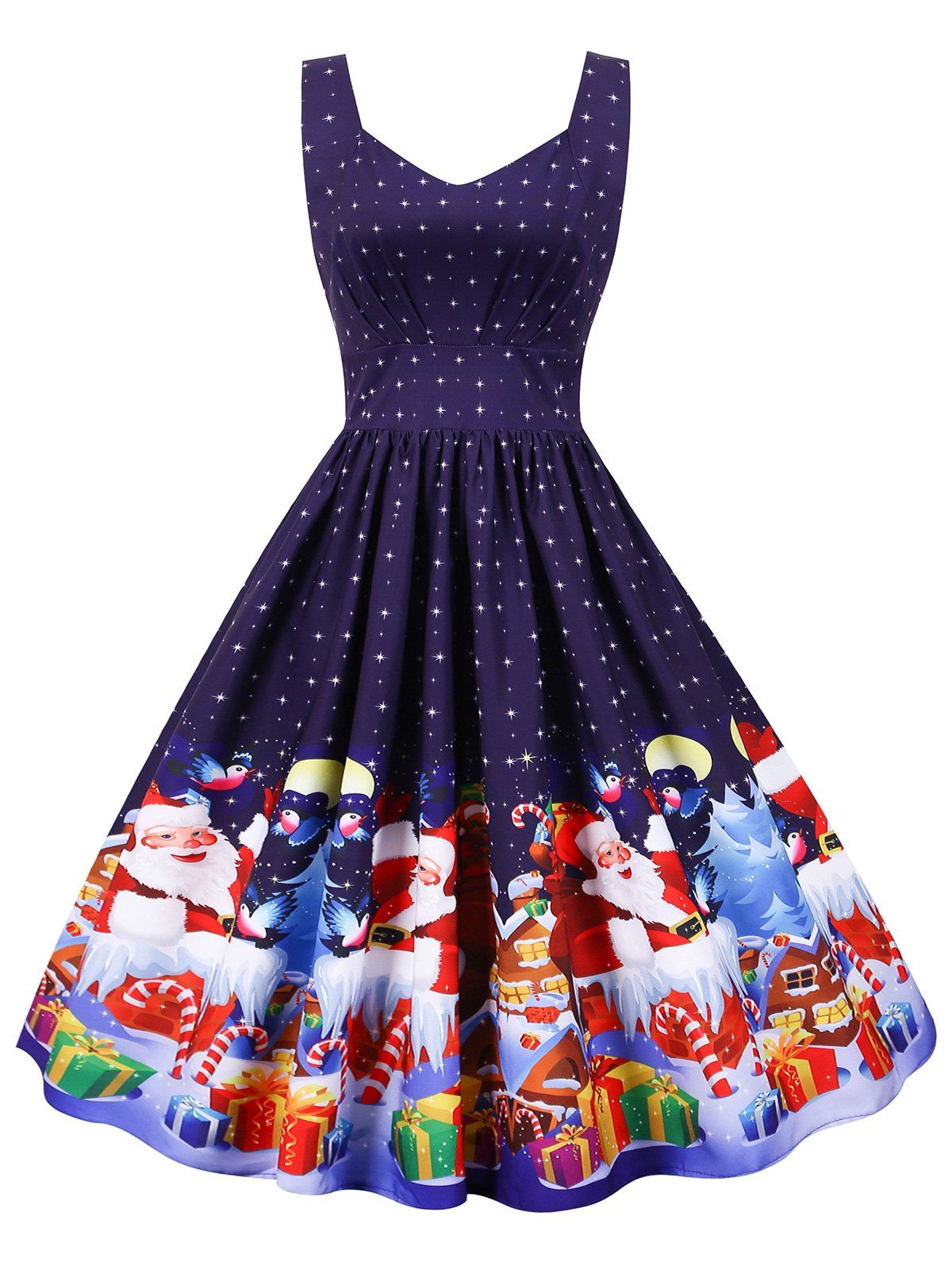

Christmas Santa Claus Tree Gift Print Sweetheart Dress, Purple iris